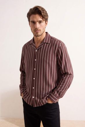 Trendyol MAN Heren Bruin Gestreept Lang Oversized Overhemden
