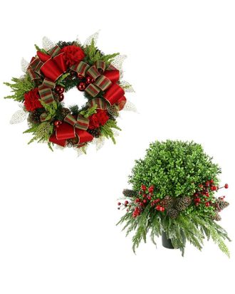 Creative Displays Inc. Holiday Set With 26In Christmas Wreath & Uv-Rated Boxwood Topiary