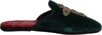 Dolce & Gabbana Groene Velvet Cross Embellished Slippers - Heren - Pantoffels - Groen - 40 EU - Satijn - Schoenen