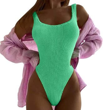 Generic Ruched Tummy-Control Swimsuit Beach Swimwear Neon Yellow Bikini Tummy High Waisted Bathing Suit Wrap Tie Back Monokini Swimwear 1 Piece Swimsuit Sexy 