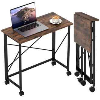 HOMCOM Folding Desk on Wheels - Writing Table for Home Office - Rustic Brown | TJ Hughes
