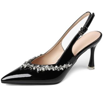 Generic Qynthra Womens Pointed Toe Slingback Stiletto Heels, Crystal-Embellished Patent Leather Dress Court Shoes Elegant Evening Shoes for Bridal Reception &