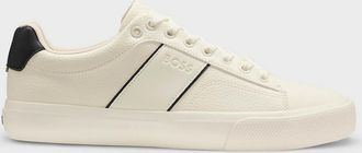 HUGO BOSS Mens BOSS Orange Aiden Tenn Mens Faux-Leather Trainers with Plain and Grained Textures - Natural 101 - White - Size: 11