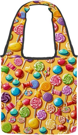 Generic Yellow Candy Pattern Reversible Canvas Shoulder Tote - Double-Sided Print, 12oz Cotton, 27cm Drop, Fold-Flat Bag for Travel, Shopping, Street Outings