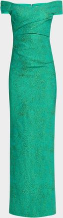 Teri Jon Off-Shoulder Metallic Jacquard Column Gown