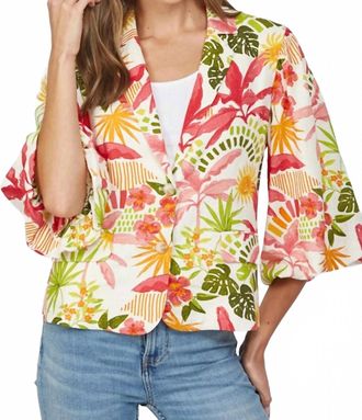 Fate Tropical Print Cropped Linen Blend Blazer In Cream