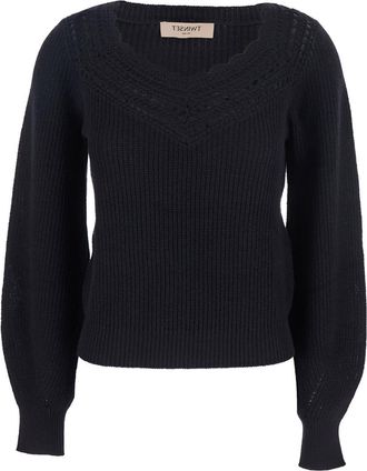Twin-Set Black Sweater With Embroidered Collar And Elastic Cuffs In Wool And Cotton Woman