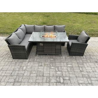 Fimous Rattan Garden Furniture High Back Corner Sofa Gas Fire Pit Dining Table Sets Gas Heater with Armchair 7 Seater Dark Grey Mixed - Fimous