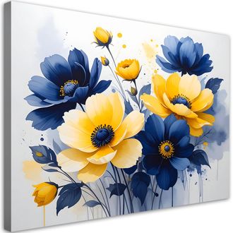 Feeby Cuadro Sobre Lienzo Flores Azules Y Amarillas En Una Alegre Acuarela 100x70