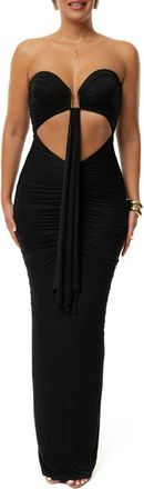 JLUXLABEL Drape Cutout Strapless Body-Con Maxi Cocktail Dress in Black at Nordstrom, Size Medium