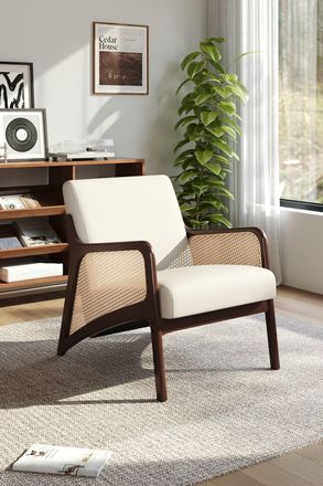 H&O Direct Beige Backrest Corduroy Upholstered Armchair with Rattan Armrest