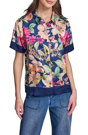 Karl Lagerfeld Floral Short Sleeve Button-Up Shirt in Currant/Light Blush Multi at Nordstrom, Size X-Small