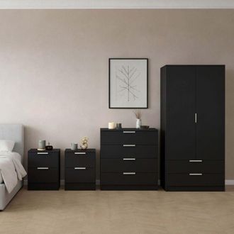Home Discount Trega 4pc Bedroom Furniture Set - 2x 2 Drawer Bedside, 4 Drawer Chest & 2 Door Wardrobe, Black