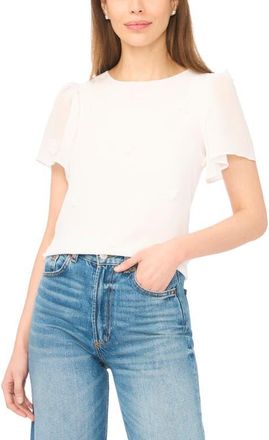 CeCe by Cynthia Steffe Floral Appliqu&eacute; Flutter Sleeve V-Neck Chiffon Top in New Ivory at Nordstrom, Size Xx-Small