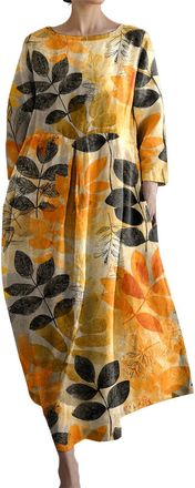 Generic Boho Maxi Dress for Women - 3/4 Sleeve Leaves Print Flowy Beach Maxi Dress - Oversized Sundress with Pocket Orange Leaves 3XL