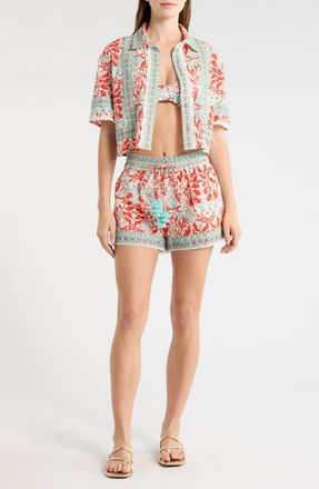 Ramy Brook Lorna Crop Cover-Up Shirt in Flame Combo at Nordstrom, Size Xx-Small