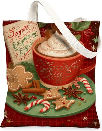 Generic Christmas Gingerbread Canvas Tote Bags, Holiday Spice Pattern Reusable Bags, Vintage Lightweight Washable Canvas for Travel, Red, 13x15 Inch