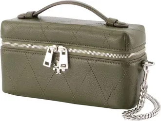 Tory Burch Womens Charlie East West Toiletry Bag - Tory Burch Leather Khaki Calfskin Accessories Wallets