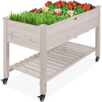 Best Choice Products Raised Garden Bed 48x23x32in Wood Mobile Elevated Planter w/ Wheel Locks, Shelf, Liner