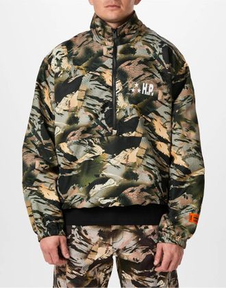 Heron Preston Mens Nylon Camo Logo Tape Windbreaker Jacket Green Clothing > Coats &