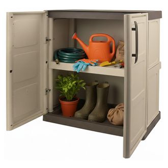 Dmora Mueble Para Exteriores O Interno Multiusos, Armario Bajo Con 2 Puertas Y 1 Estante De Polipropileno, 100% Made In Italy, 70x39h86 Cm, Color Beige - Dm