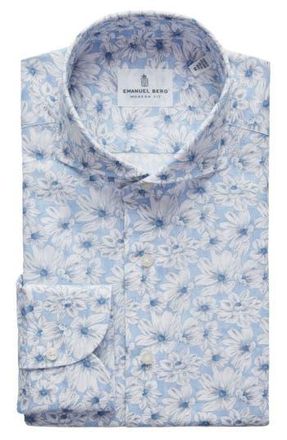 Emanuel Berg Modern Fit Floral Cotton & Linen Blend Button-Up Shirt in Light Pastel Blue at Nordstrom Rack, Size Large/x-Large
