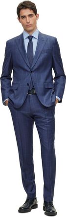 HUGO BOSS Mens Plaid Patterned Slim Fit Full Suit in Blue - Size 46 (Chest)