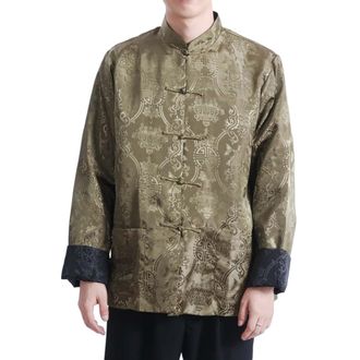 Generic Mens Tang Suit Jacket Dragon Chinese Traditional Frog Button Long Sleeve Stand Collar Coat Kung Fu Wing Chun Uniform (Green/Black, L)