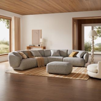 Castlery Gray Performance Fabric Curve L-Shape Sectional Sofa with Ottoman for Living Room, Auburn by Castlery