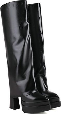 Generic Womens Patent Leather Knee High Riding Boots with Side Zipper & Chunky Block Heel for Office & Everyday,Black,7.5 UK