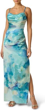 Adrianna Papell Watercolor Print Satin Maxi Dress in Blue Multi at Nordstrom, Size 14