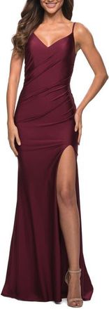 La Femme Diagonal Ruched Jersey Gown with V Neckline in Dark Berry at Nordstrom, Size 14