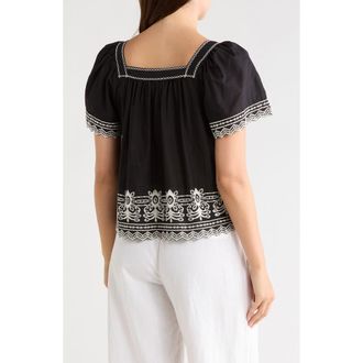 Max Studio Embroidered Short Sleeve Cotton Top in Black /Ecru at Nordstrom Rack, Size Medium