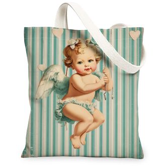 Generic Vintage Angel Canvas Tote Bags, Cute Striped Pattern Reusable Grocery Bags, Lightweight Washable Shoulder Strap Canvas for, Blue, 13x15 Inch