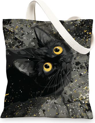 Generic Cat Art Canvas Tote Bag, Stylish Reusable Grocery Bags, Lightweight Black Shoulder Strap Bag 13x15 Inch