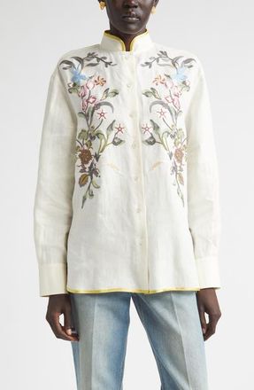 Valentino Floral Embroidered Linen Button-Up Shirt in Ivory/Multi at Nordstrom, Size 6 Us