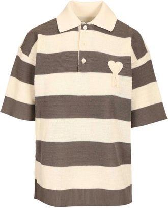 Ami Tops, Dames, Veelkleurig, S, Katoen, Gestreept gebreide katoenen polo met borduursel