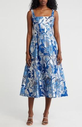 Donna Ricco Floral Jacquard Fit & Flare Midi Dress in Blue Silver at Nordstrom Rack, Size 6