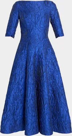 Talbot Runhof Boat-Neck Poiret Rose Jacquard Midi Cocktail Dress