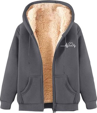 Generic KUIH Womens Sherpa Fleece Lined Hoodies Zip Up Jacket Winter Coat Full Zip Long Sleeve Sweatshirt with Hood Ladies Teddy Fleece Hoodie Pullover Jumper