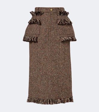 sacai Fringed peplum tweed midi skirt