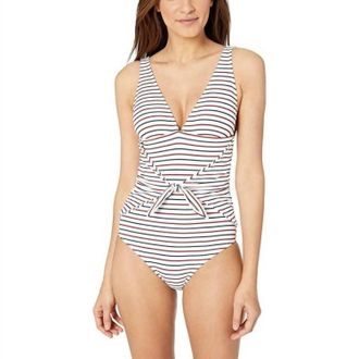 Shoshanna Sport Stripe Rib Tie Waist One Piece In White Multi