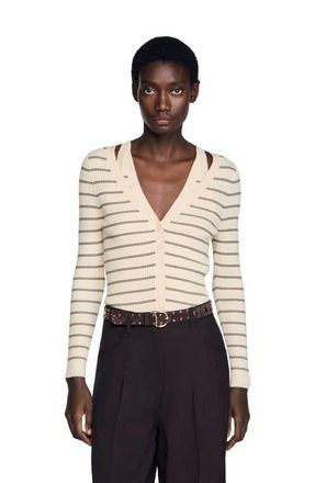 Sandro Striped ribbed cardigan in Ecru /Brown at Nordstrom, Size X-Small