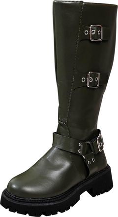 Generic Knee High Boots Women Wide Calf Casual Long Booties Stylish Solid Color Round Toe Chunky Heel Buckle Side Zipper Wide Fit Riding Boots Fall Winter