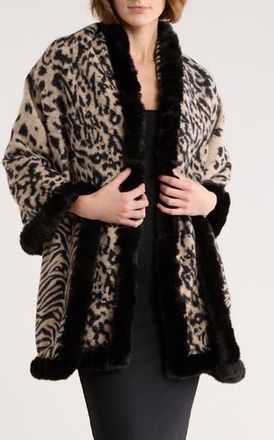 La Fiorentina Faux Fur Trim Animal Print Wrap Scarf in Black at Nordstrom Rack
