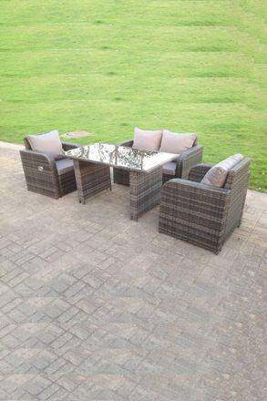Fimous Rattan Garden Furniture Set Adjustable Chair Double Love Seat 2 Seater Sofa Oblong Rectangular Black Glass Dining Table in Dark Grey