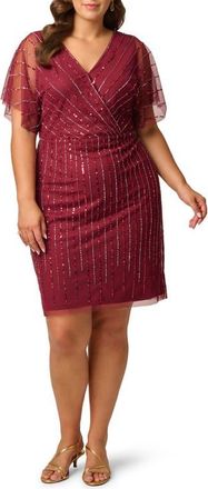 Adrianna Papell Surplice Beaded Mesh Dress in Mahogany at Nordstrom, Size 22W
