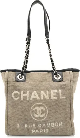 Chanel Black Gray Canvas Leather Shoulder Bag Tote Bag (Pre-Owned)