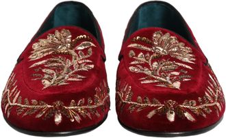 Dolce & Gabbana Mens Red Velvet Floral Embroidery Loafers Shoes Leather