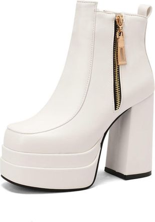 Generic Womens Platform Chunky Block Heel Ankle Boots Heel with Side Zip Detail for Trendy Casual Wear,White,7.5 UK